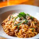 Ground Beef Orzo with Tomato Cream Sauce Recipe