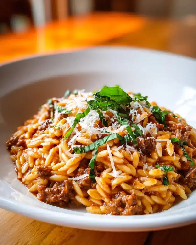 Ground Beef Orzo with Tomato Cream Sauce Recipe