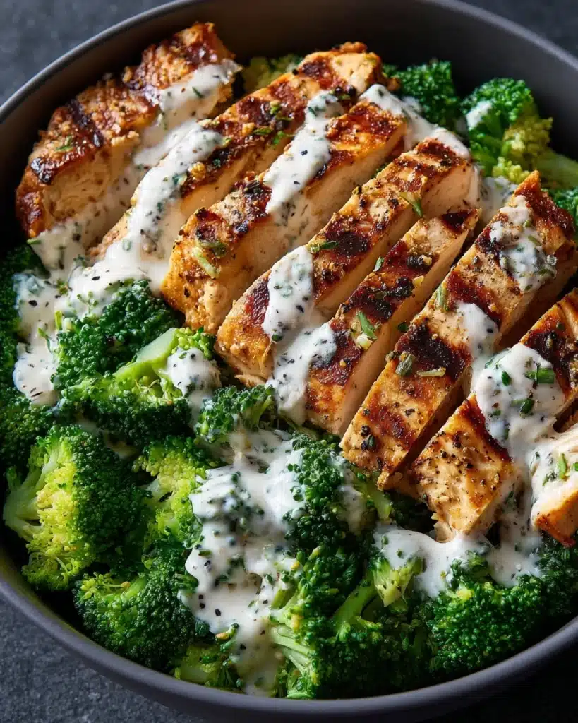 grilled chicken & broccoli bowls with creamy garlic sauce Recipe