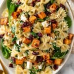 Fall Pasta Salad with Roasted Sweet Potatoes, Cranberries, Pumpkin Seeds, and Maple Vinaigrette Recipe