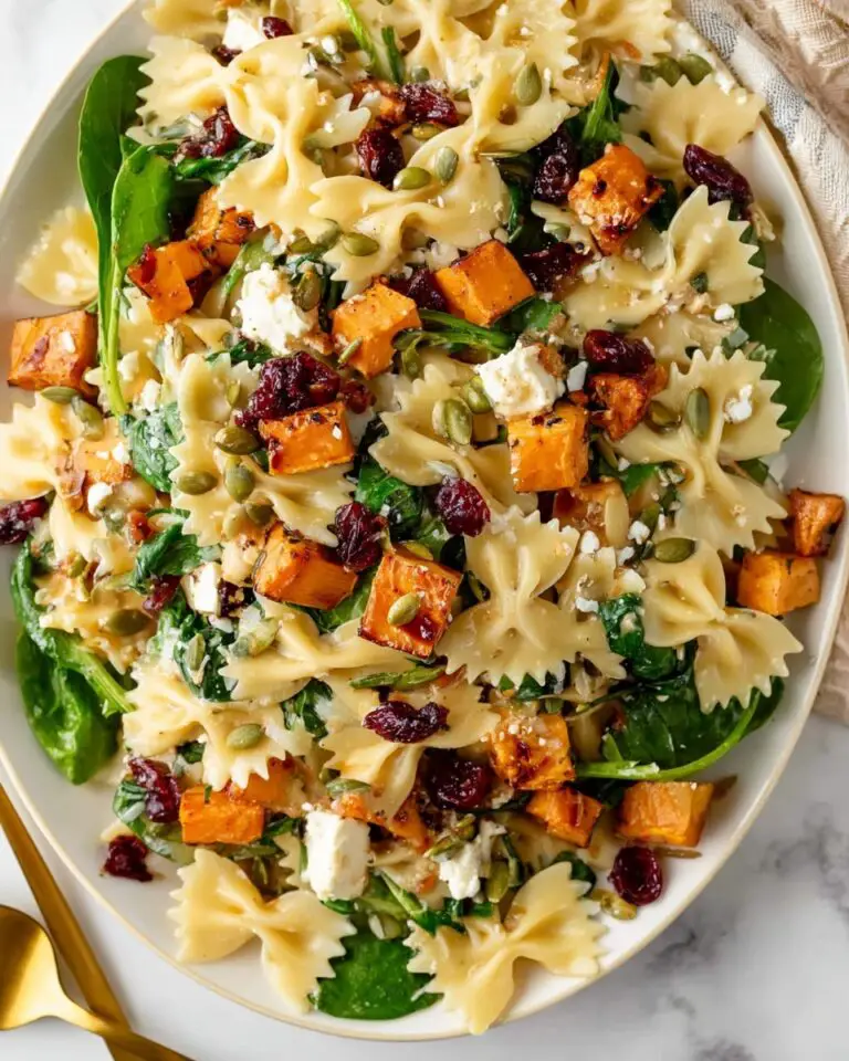 Fall Pasta Salad with Roasted Sweet Potatoes, Cranberries, Pumpkin Seeds, and Maple Vinaigrette Recipe