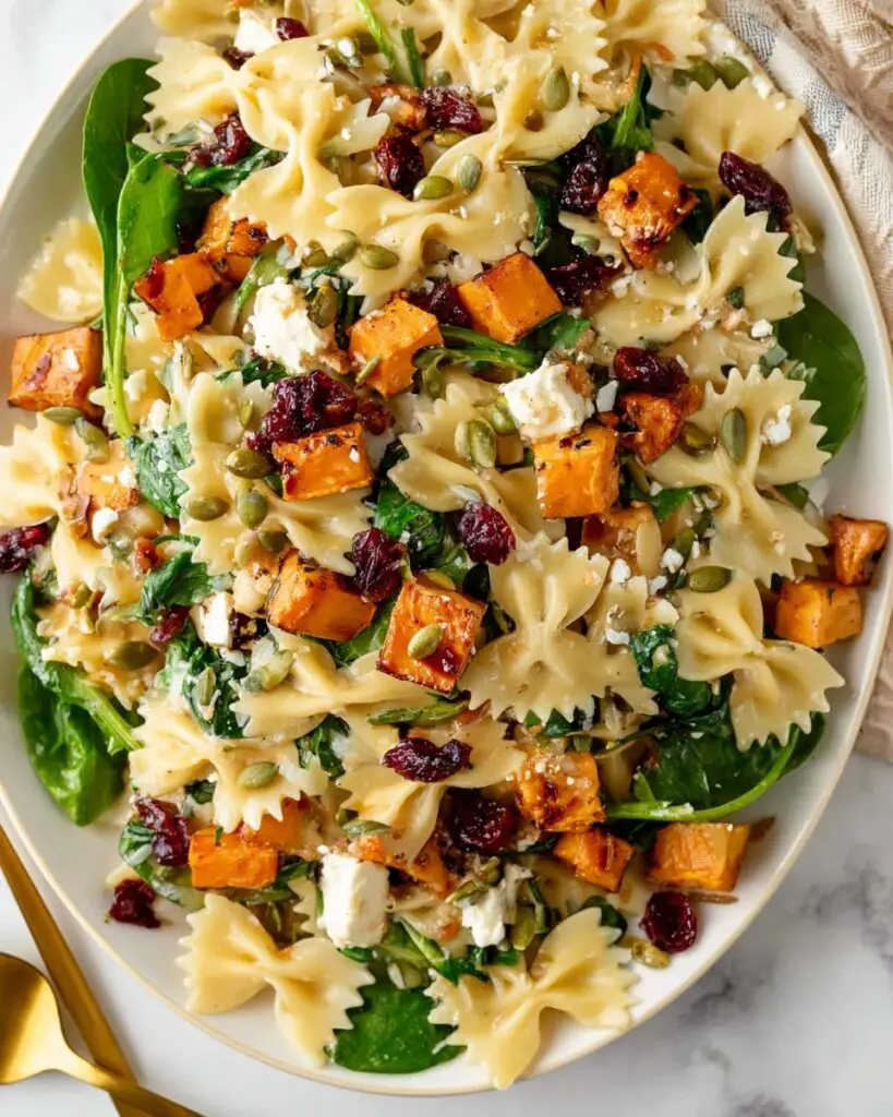 Fall Pasta Salad with Roasted Sweet Potatoes, Cranberries, Pumpkin Seeds, and Maple Vinaigrette Recipe