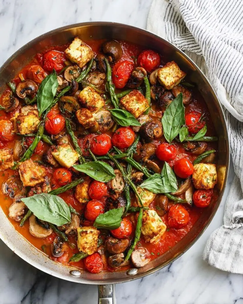 Baked Cherry Tomatoes, Feta, and Sausage with Green Beans over Pasta Recipe