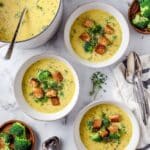 Vegan Broccoli Soup with Roasted Broccoli and Crispy Croutons Recipe
