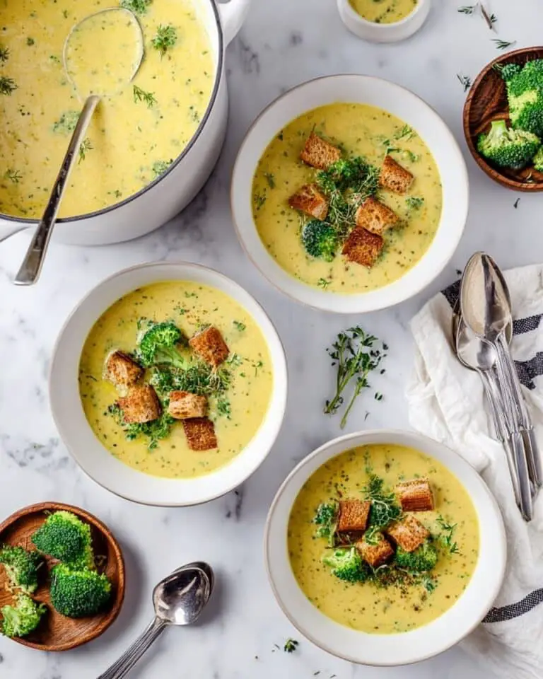 Vegan Broccoli Soup with Roasted Broccoli and Crispy Croutons Recipe