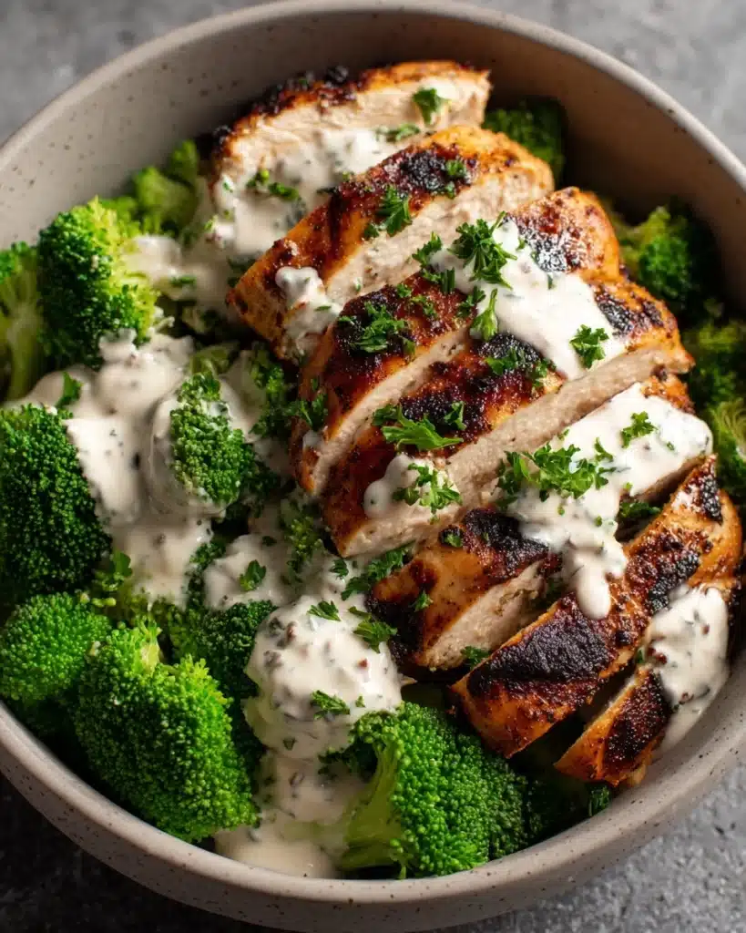 Grilled Chicken & Broccoli Bowls with Creamy Garlic Sauce Recipe