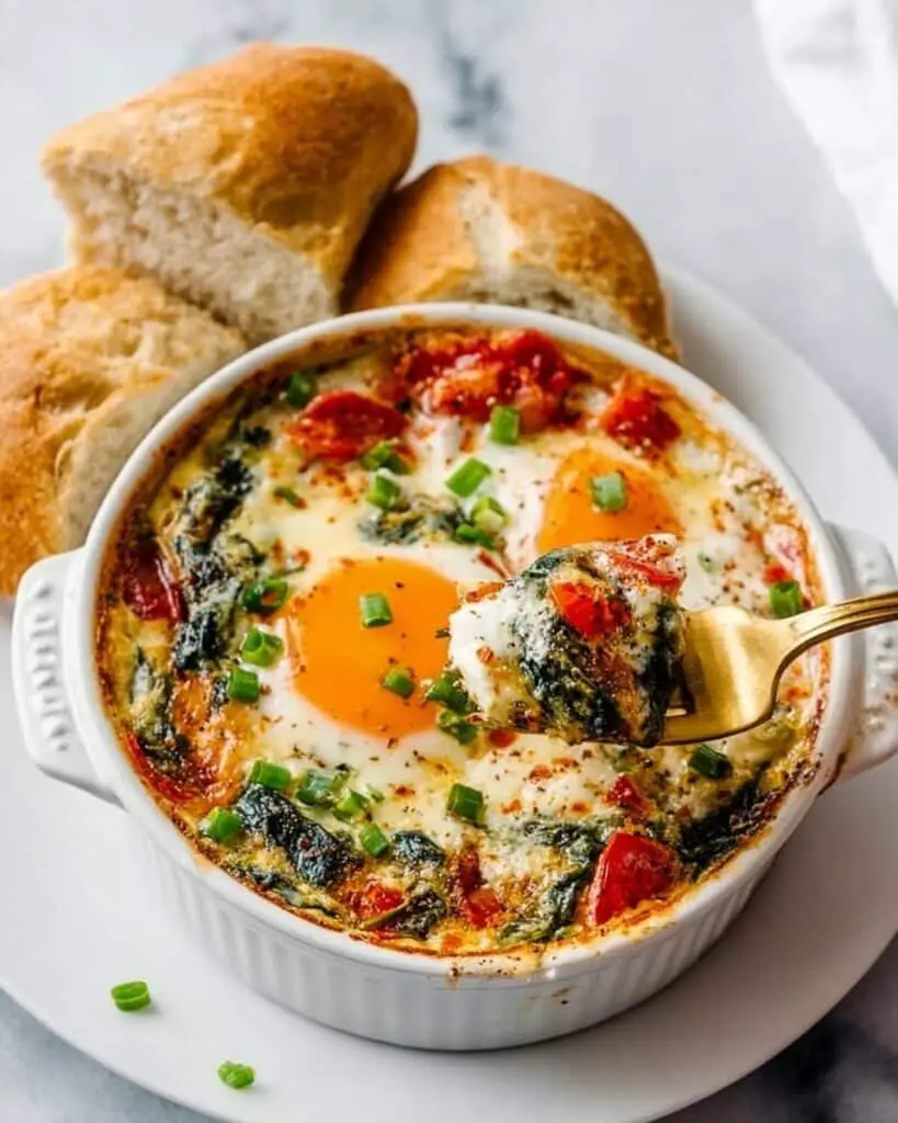 Baked Feta Eggs with Spinach and Tomatoes Recipe