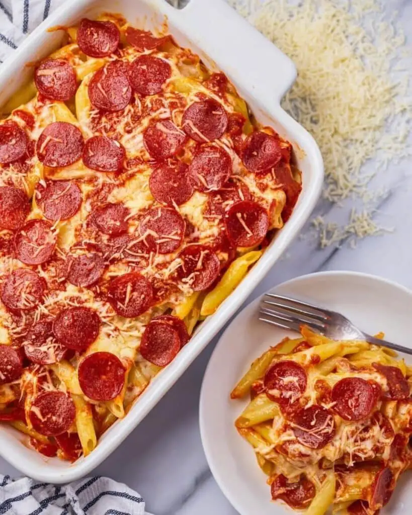 Cheesy Pizza Casserole with Pepperoni and Ground Beef Recipe