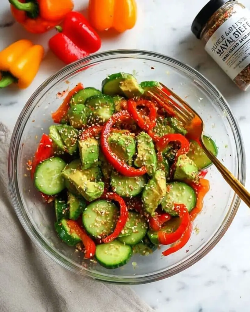 Cucumber and Pepper Salad with Sesame Ginger Dressing and Chili Onion Crunch Recipe