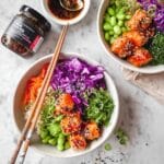 Baked Salmon Poke Bowls with Honey Miso Marinade and Crunchy Veggies Recipe
