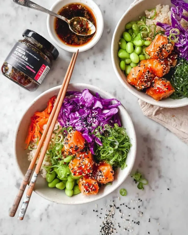 Baked Salmon Poke Bowls with Honey Miso Marinade and Crunchy Veggies Recipe