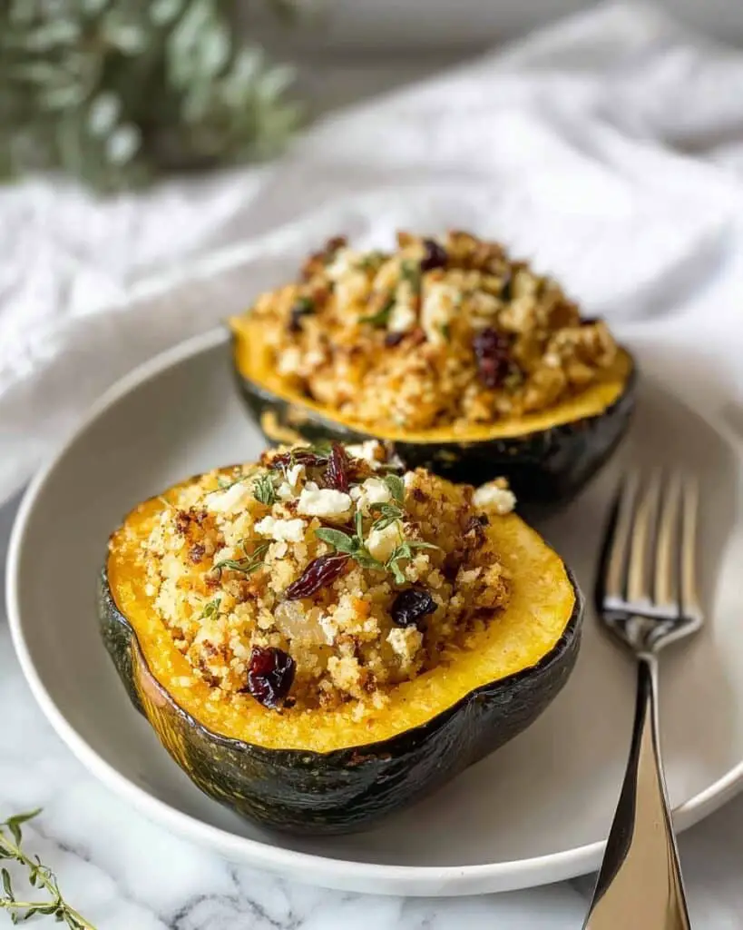 Stuffed Acorn Squash with Ground Turkey, Apple, Cranberries, and Cheese