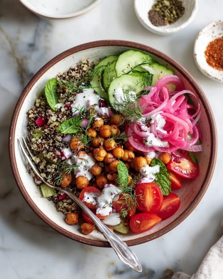 Mediterranean Quinoa Bowl with Spiced Chickpeas, Fresh Veggies, and Garlic Yogurt Sauce Recipe