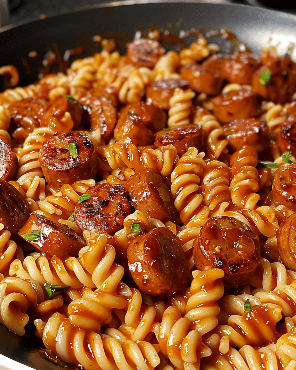 One-Skillet Spicy Honey BBQ Sausage & Pasta