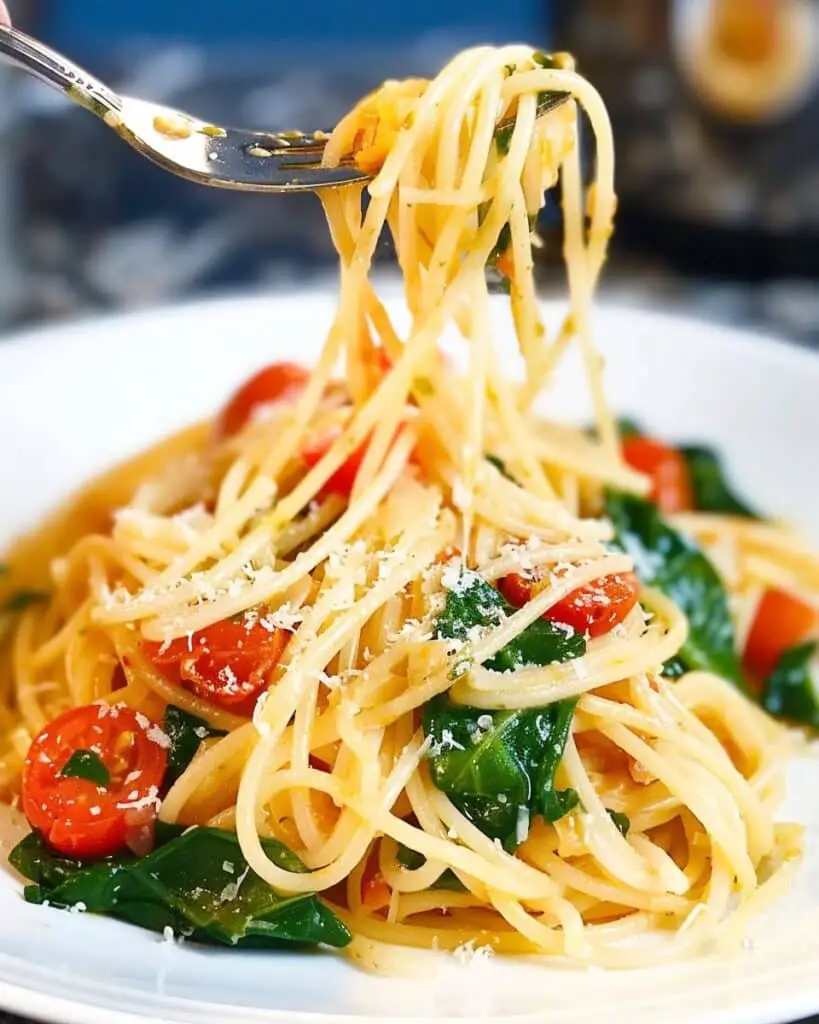 Roasted Garlic Spaghetti with Tomatoes and Spinach