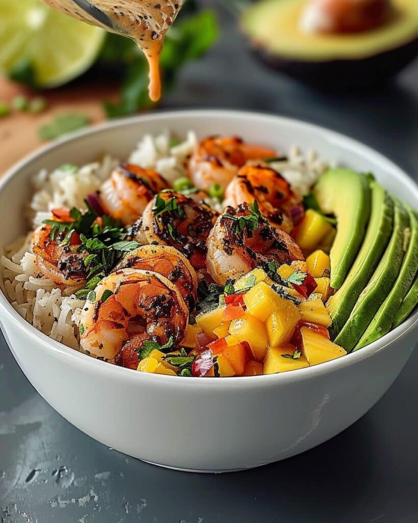 Shrimp and Avocado Bowls with Mango Salsa & Lime-Chili Sauce