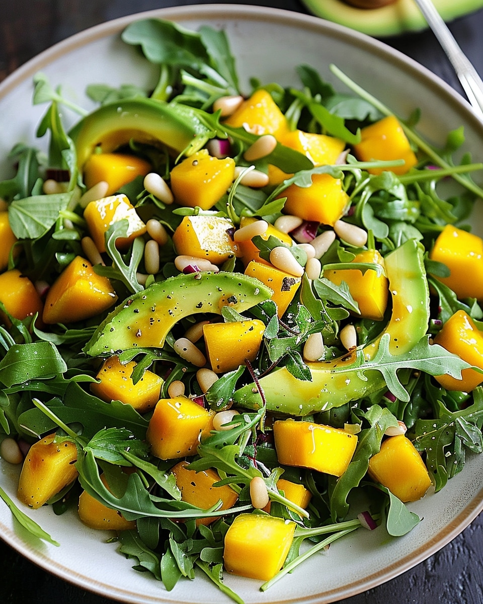 Avocado Mango Salad with Arugula, Pine Nuts & Honey-Lime Dressing