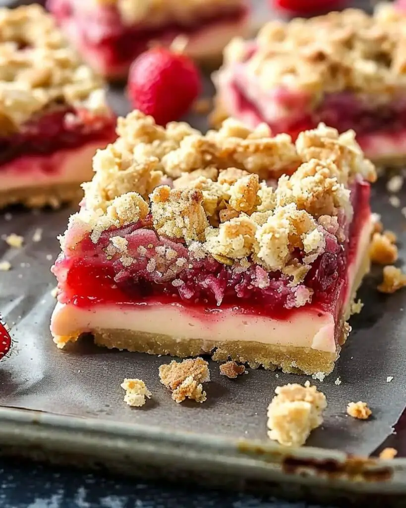 Rhubarb Strawberry Streusel Cheesecake Bars