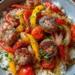 Sausage, Onion, Bell Peppers & Tomatoes Over Rice Recipe