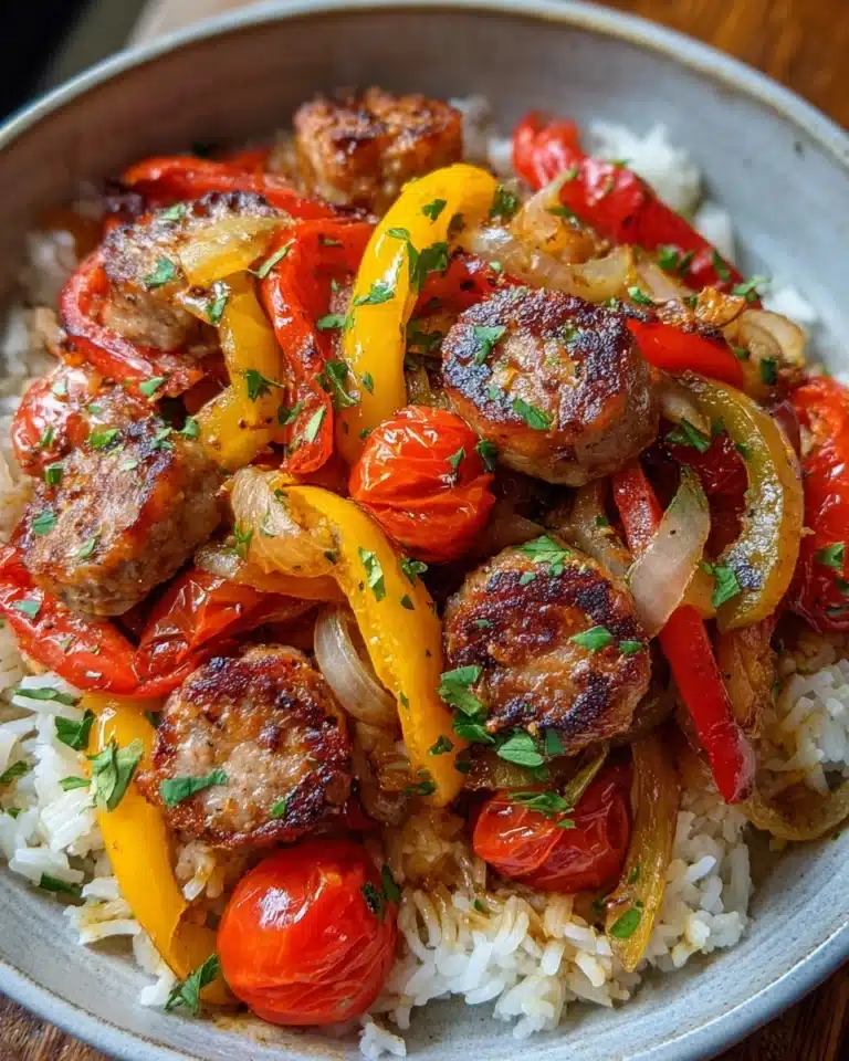 Sausage, Onion, Bell Peppers & Tomatoes Over Rice Recipe