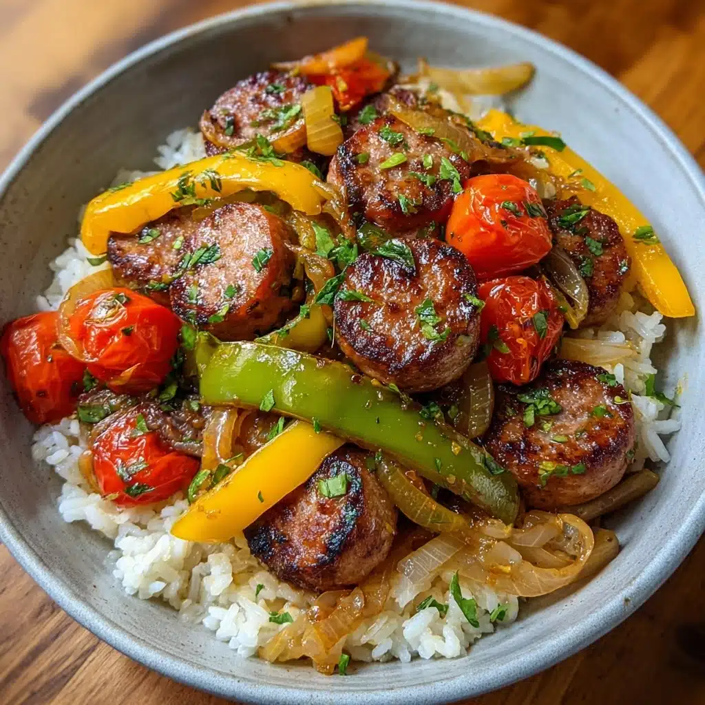 Sausage, Onion, Bell Peppers & Tomatoes Over Rice Recipe 4 Sausage, Onion, Bell Peppers & Tomatoes Over Rice Recipe - Recipe Image