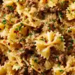 Garlic Butter Bowtie Pasta with Ground Beef Recipe