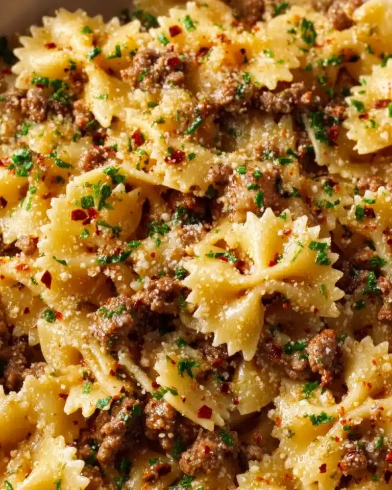 Garlic Butter Bowtie Pasta with Ground Beef Recipe