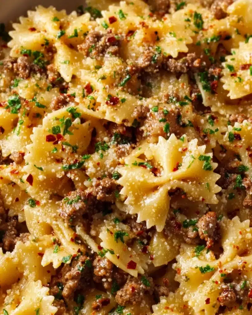 Garlic Butter Bowtie Pasta with Ground Beef Recipe