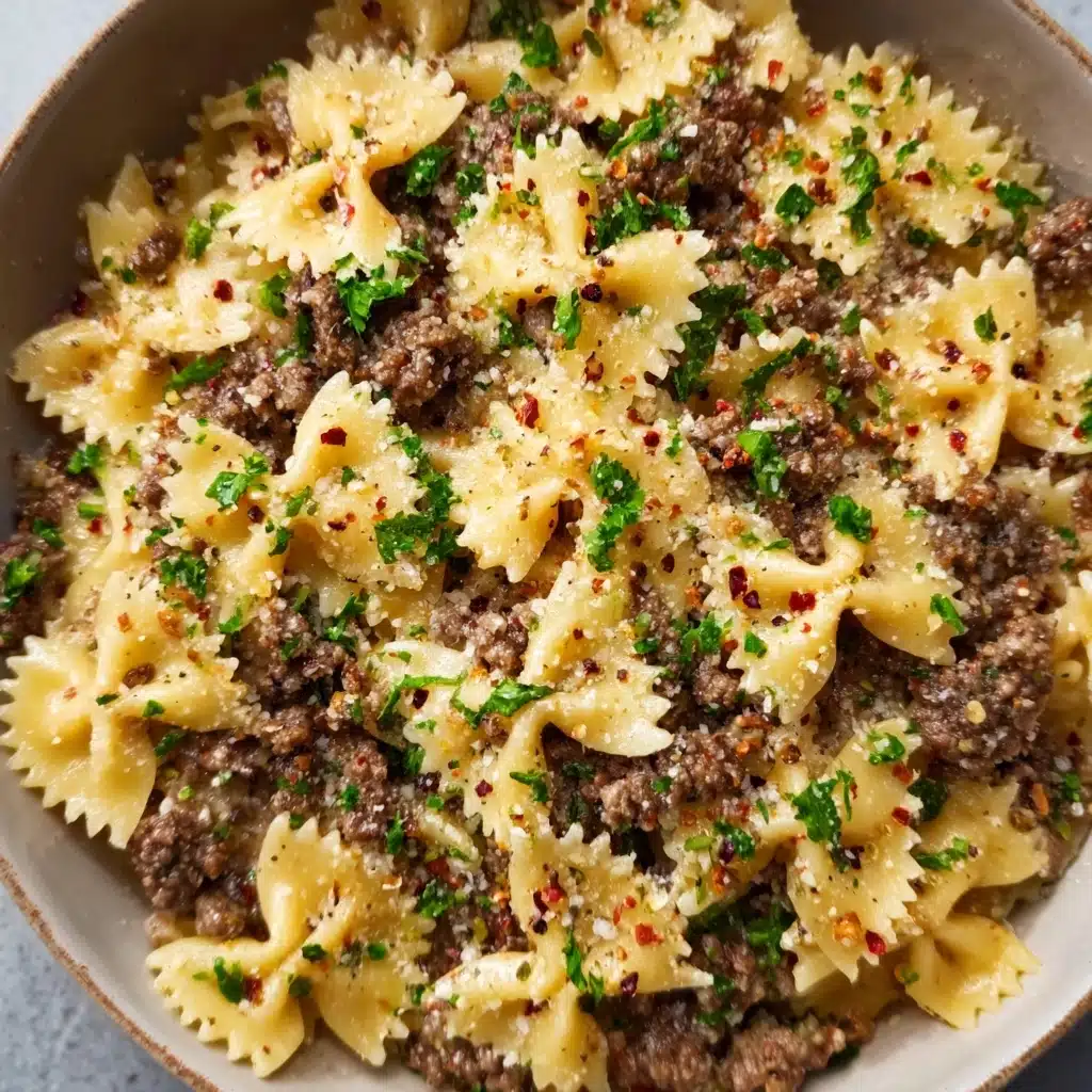 Garlic Butter Bowtie Pasta with Ground Beef Recipe 4 Garlic Butter Bowtie Pasta with Ground Beef Recipe - Recipe Image