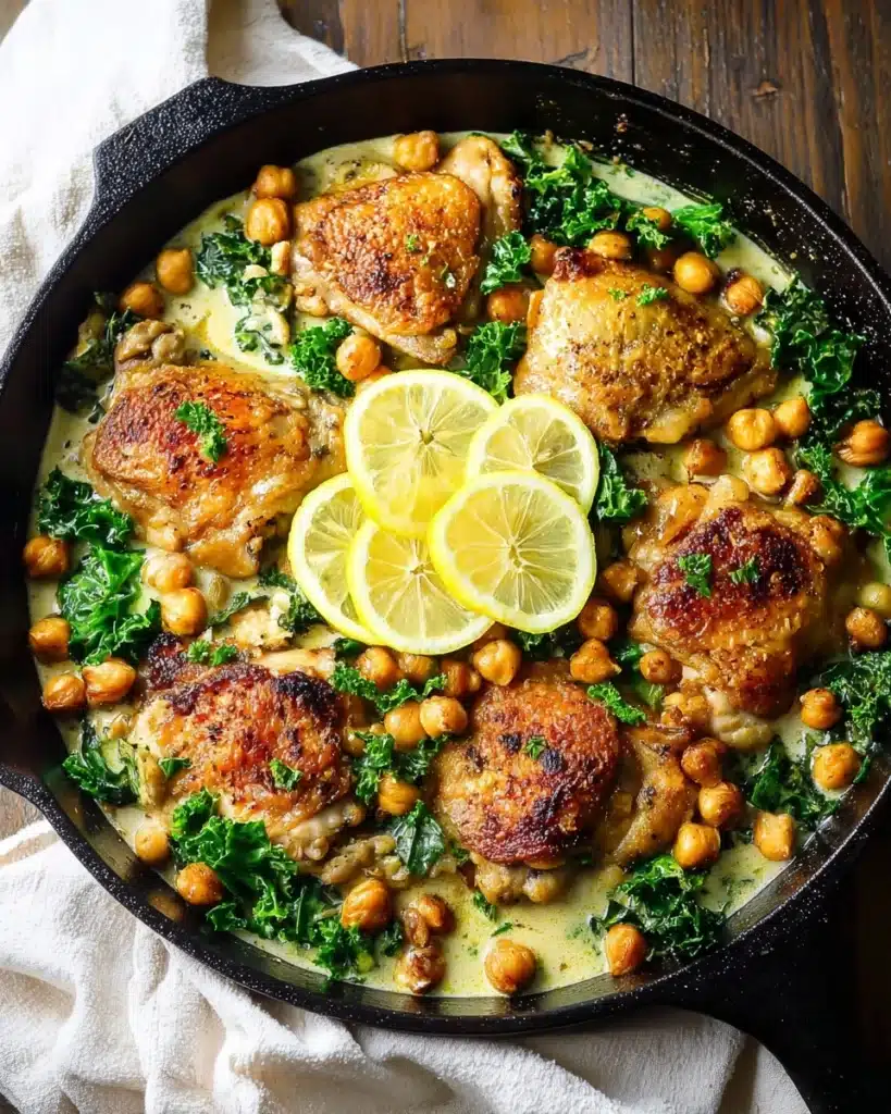 CREAMY LEMON CHICKEN THIGHS WITH KALE AND CHICKPEAS Recipe