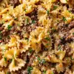 Garlic Butter Bowtie Pasta with Ground Beef Recipe