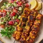 Chicken Souvlaki, served on a plate with a side salad Recipe