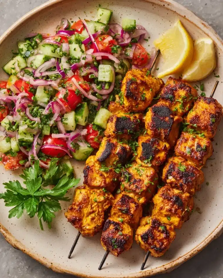 Chicken Souvlaki, served on a plate with a side salad Recipe