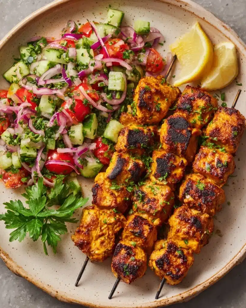 Chicken Souvlaki, served on a plate with a side salad Recipe