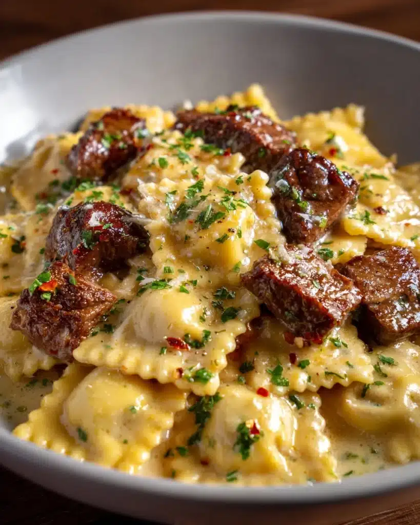 One-Skillet Garlic Butter Steak & Cheese Ravioli Recipe