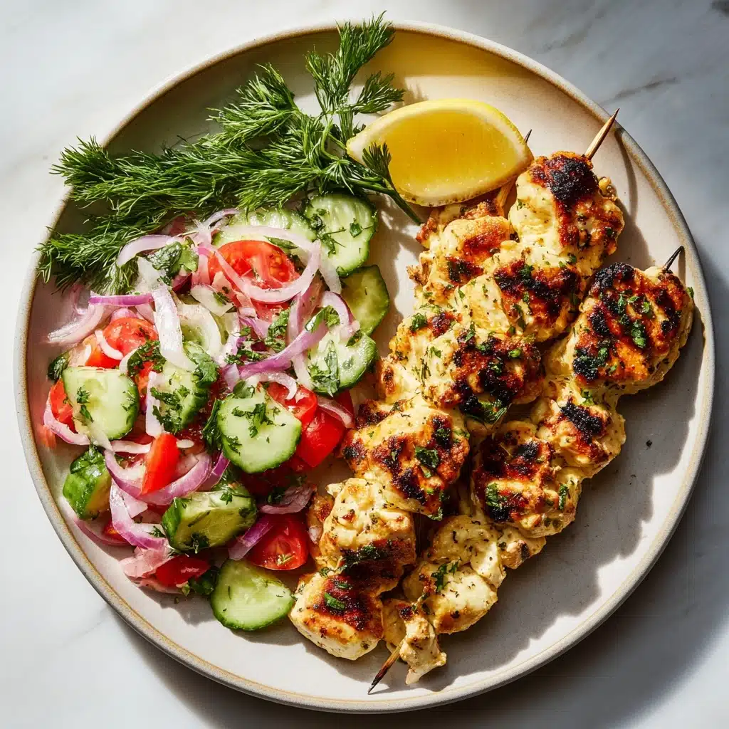 Chicken Souvlaki, served on a plate with a side salad Recipe - Recipe Image