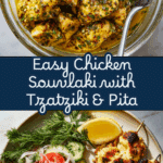 Chicken Souvlaki, served on a plate with a side salad Recipe
