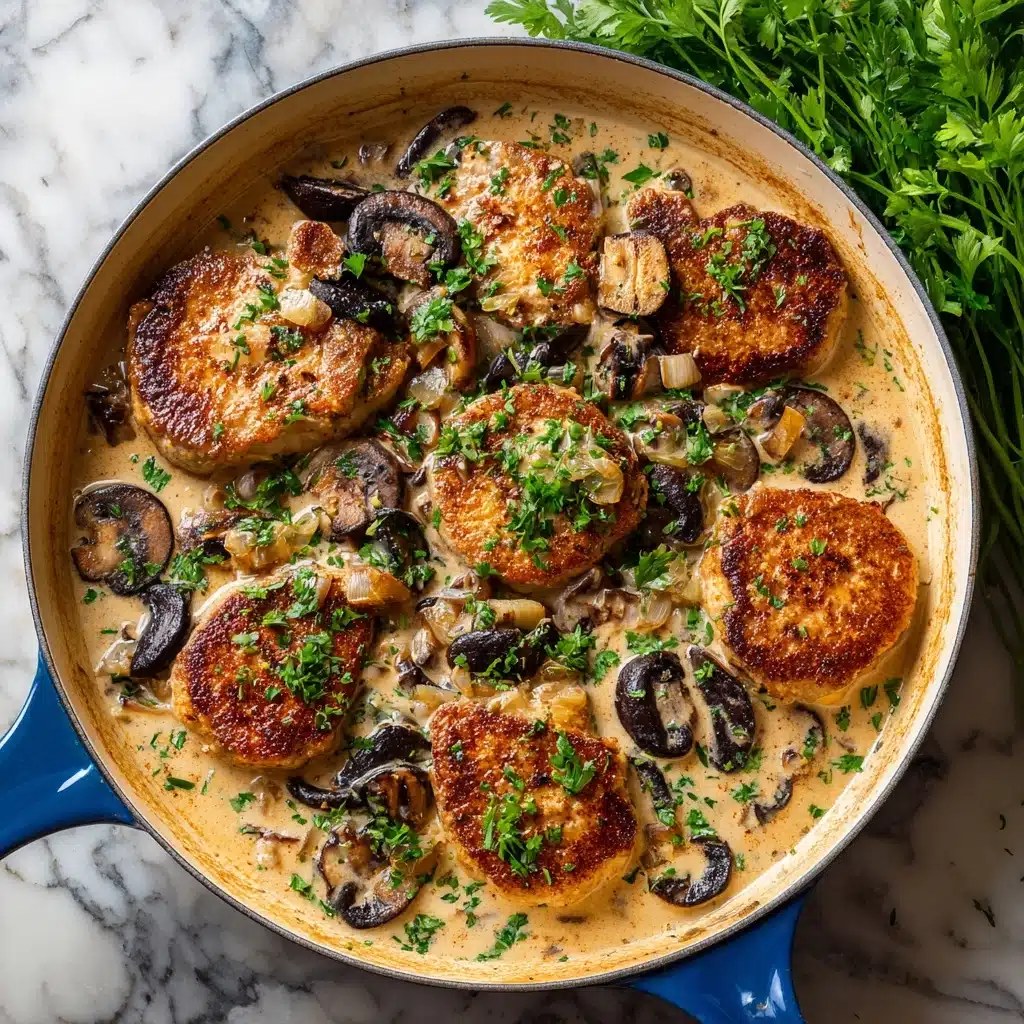 Italian Veal Marsala With mushrooms served in a blue pot Recipe - Recipe Image