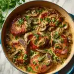 Italian Veal Marsala With mushrooms served in a blue pot Recipe