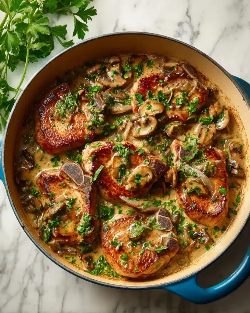 Italian Veal Marsala With mushrooms served in a blue pot Recipe