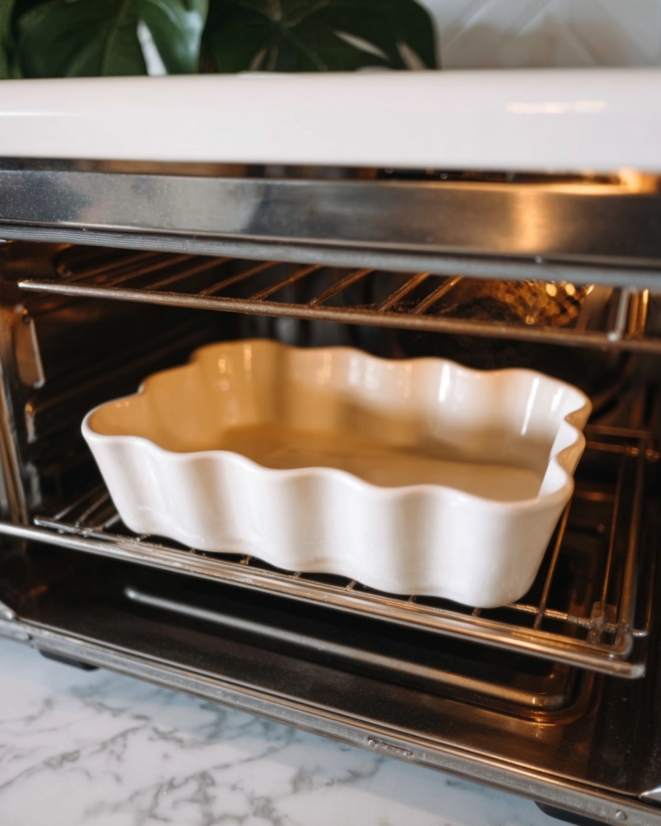A white ceramic baking dish with wavy edges sits inside a small toaster oven. The dish is empty and clean, positioned in the middle rack of the oven with the metal heating element visible above it. The background shows a white marbled countertop, and the oven interior is dark, contrasting with the bright white dish. A blurred green plant is barely visible in the background above the oven. Photo taken with an iphone --ar 4:5 --v 7