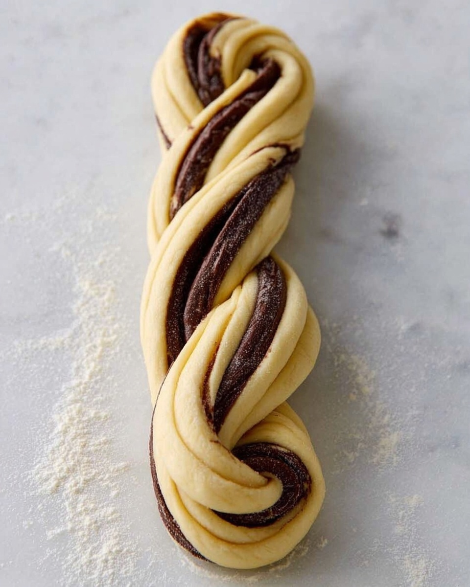 The image shows a twisted dough braid with three visible layers on a white marbled surface, lightly dusted with flour. The outer dough layers are pale yellow with a soft, smooth texture, while the inner layers alternate with dark brown, rich chocolate filling creating a striped pattern inside the braid. The dough strip twists elegantly in a spiral shape, revealing the contrast between the pale dough and dark filling in each curve. Photo taken with an iphone --ar 4:5 --v 7