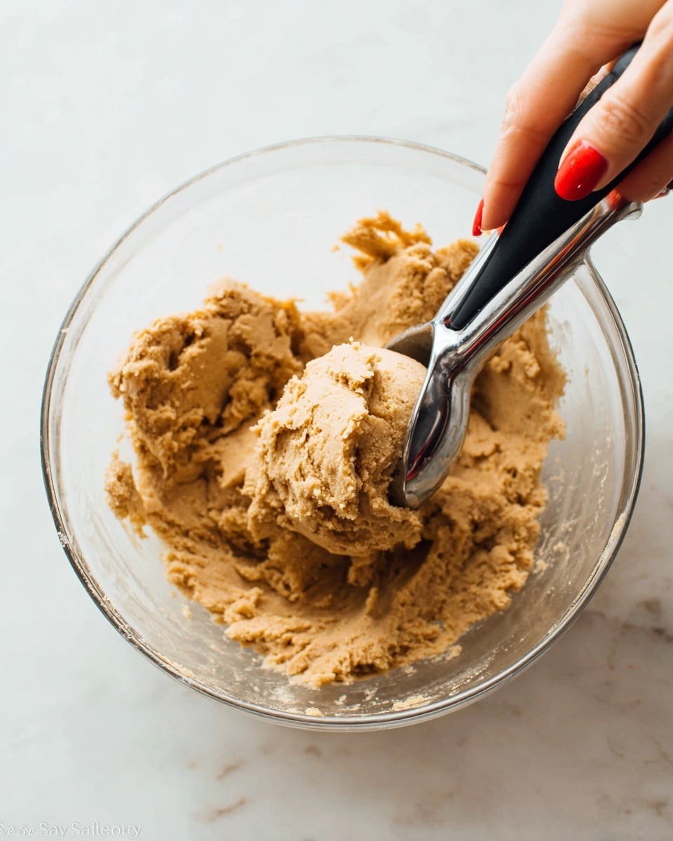 A close-up image of a clear glass bowl filled with thick, light brown dough that has a textured, slightly crumbly surface. A metal ice cream scoop is holding a rounded portion of this dough above the bowl. A woman's hand with red nail polish is gripping the black handle of the scoop. The bowl is set on a white marbled surface. The scene is brightly lit, giving the dough a warm and inviting look. photo taken with an iphone --ar 4:5 --v 7