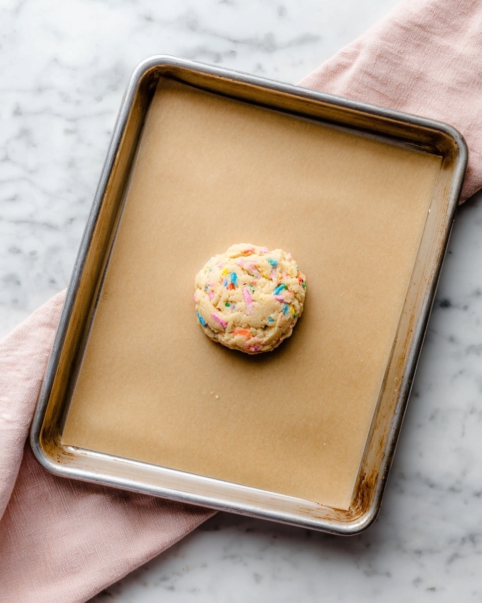 A single round scoop of cookie dough is placed in the center of a large silver baking sheet lined with light brown parchment paper. The dough is light beige with small colorful sprinkles mixed inside, showing spots of blue, pink, and yellow. The baking sheet sits on a white marbled surface, and a soft pink cloth is partly visible in the corner. The photo taken with an iphone --ar 4:5 --v 7