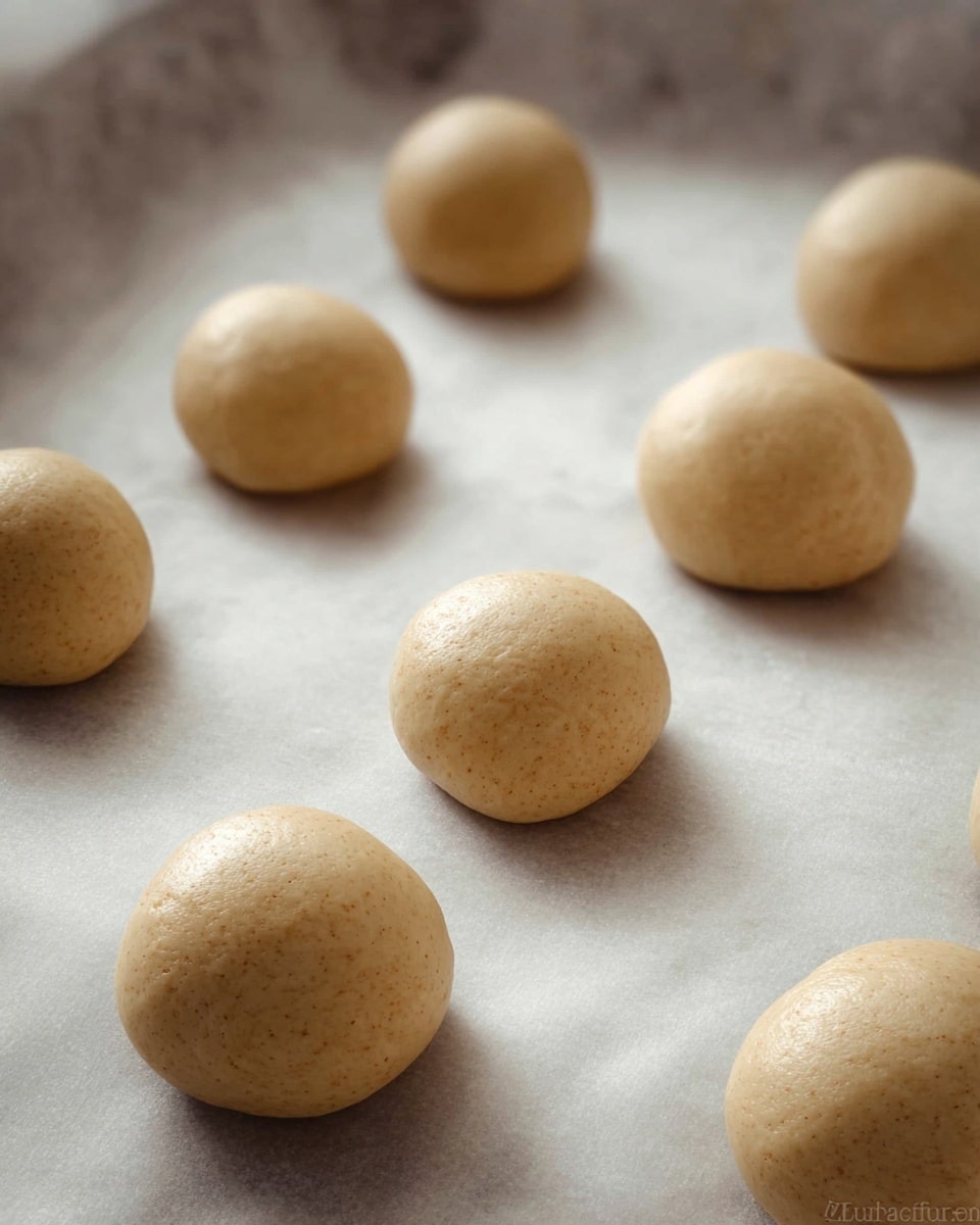 The image shows nine smooth, round dough balls arranged in three rows on a white marbled surface covered with white parchment paper. Each dough ball is a light beige color with tiny darker specks, and they appear soft and slightly shiny. The balls are evenly spaced and have a uniform size and shape. The background and edges around the parchment paper are softly blurred, putting focus on the dough balls. photo taken with an iphone --ar 4:5 --v 7