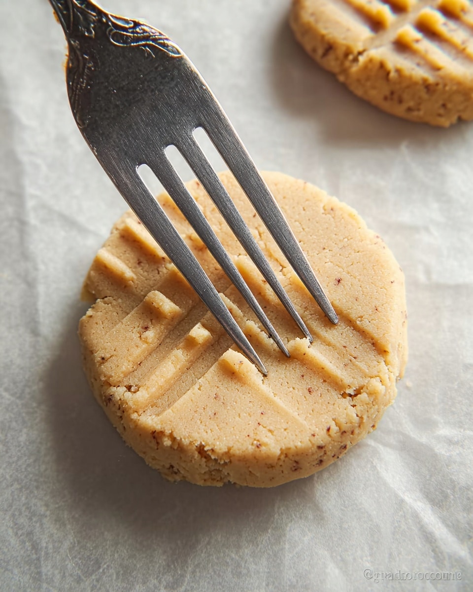 A close-up image shows two round cookie dough pieces on white marbled textured paper. The cookie dough is light tan with small brown specks and has a slightly rough, crumbly texture. The lower cookie is being pressed down by the four prongs of a silver fork, leaving horizontal and vertical fork marks in a crisscross pattern on its surface. The upper cookie is whole, with a smooth top and visible edges. Photo taken with an iphone --ar 4:5 --v 7