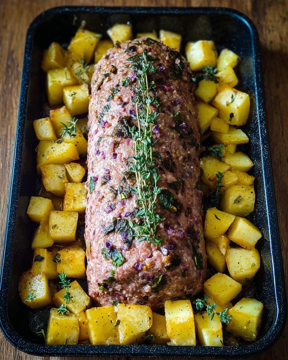 A large, raw meatloaf shaped in an elongated oval sits in the center of a black roasting pan, speckled with bits of green herbs and small purple pieces, and topped with fresh green sprigs of thyme. Surrounding the meatloaf are thick, cubed pieces of yellow potatoes coated in a light layer of spices, with a few additional small thyme sprigs scattered among them. The pan rests on a wooden surface. photo taken with an iphone --ar 4:5 --v 7
