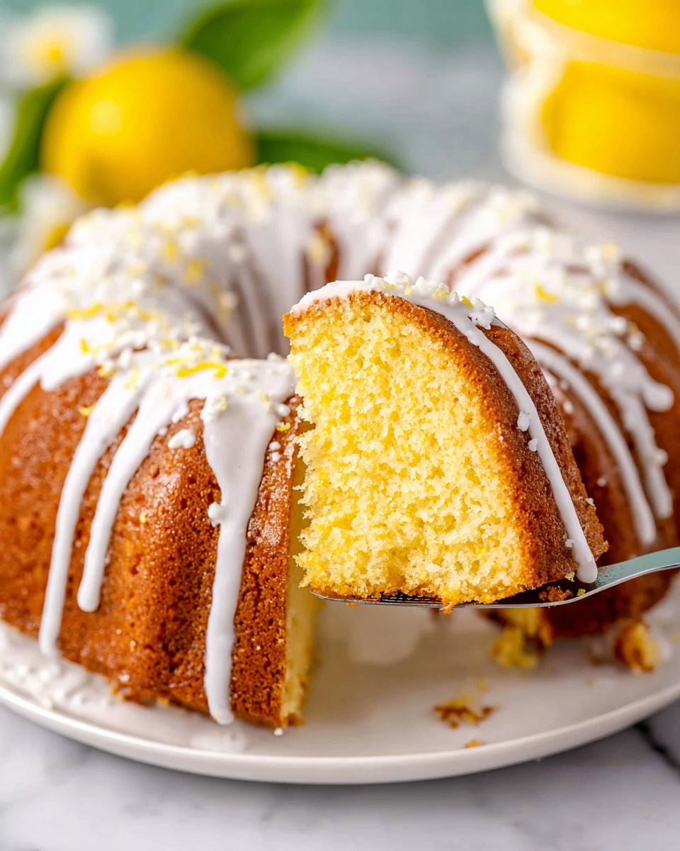 The image shows a bundt cake with one slice lifted on a spatula, revealing a soft, moist yellow inside with a fine crumb texture. The outer layer of the cake is golden brown with a white icing glaze drizzled over the top, creating thin lines running down the sides. White sugar sprinkles are scattered on the glaze, adding small textured dots on the surface. The cake sits on a white plate over a white marbled surface, with blurred yellow and green shapes in the background. Photo taken with an iphone --ar 4:5 --v 7