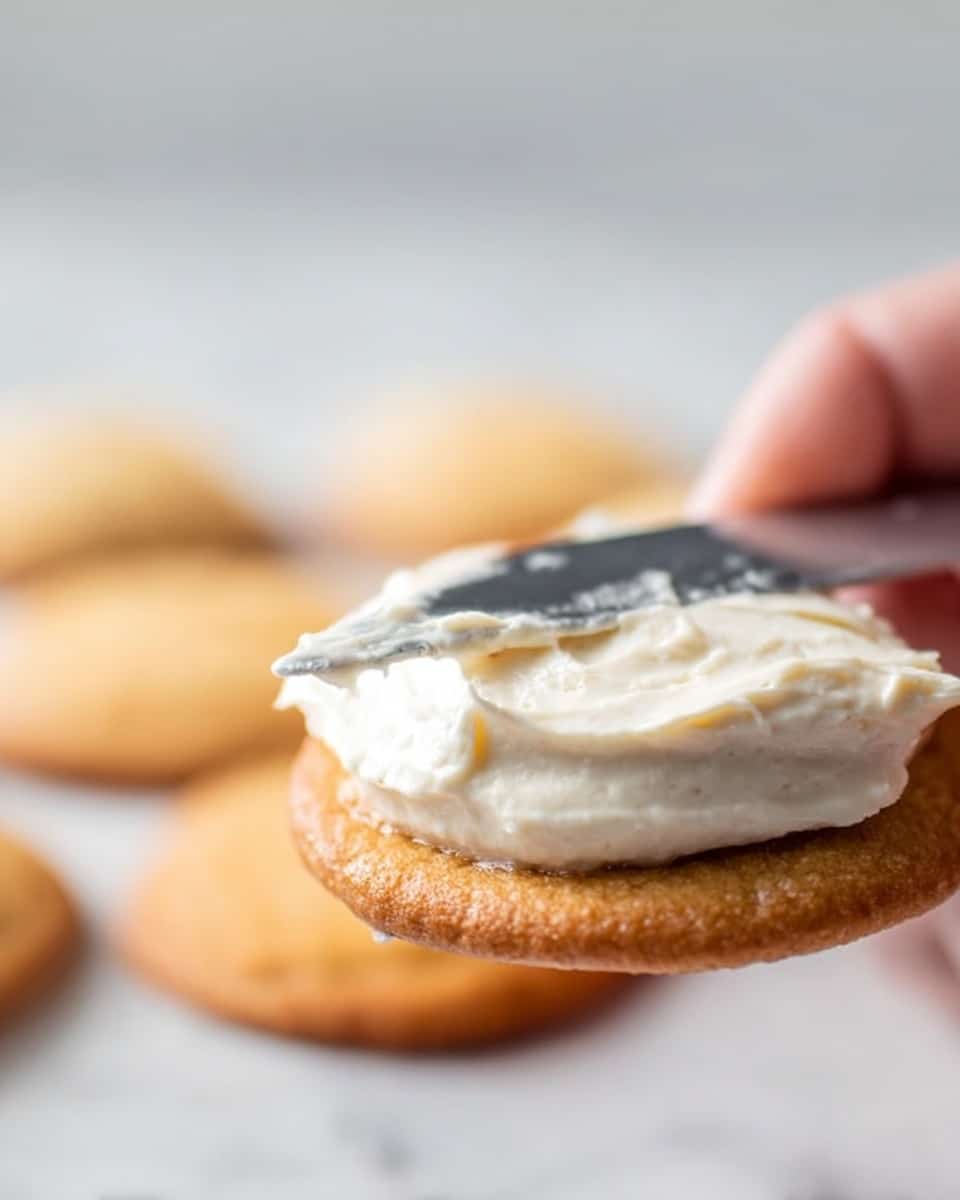 A close-up image shows a woman's hand holding a light brown round cookie with a thick layer of creamy white spread being applied on top using a silver knife. The spread has a smooth but slightly textured surface, and some more cookies lie blurred in the background on a white marbled surface. The lighting brings a soft, natural look to the scene. photo taken with an iphone --ar 4:5 --v 7