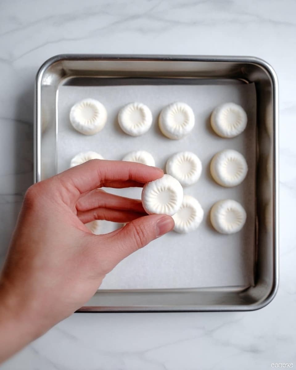 A woman's hand is holding a small, round, white cookie with a raised center above a rectangular metal tray lined with white parchment paper. The tray contains twelve similar white cookies arranged in three rows of four. The background is a white marbled surface. The lighting is soft, showing the smooth texture and slight shadows of the cookies. Photo taken with an iphone --ar 4:5 --v 7